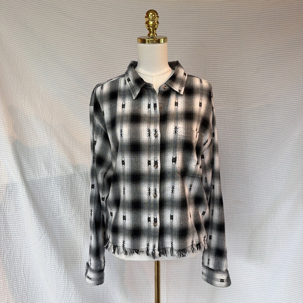Lucky Brand Women Long Sleeve Western Shirt Black & White Print Oversized (XL)